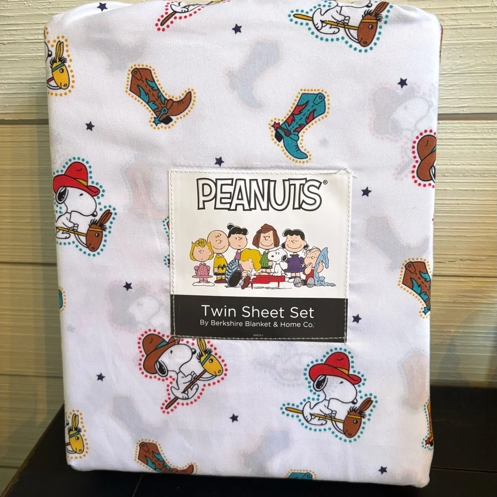 COWBOY Snoopy TWIN Sheet Set Berkshire Sheets PEANUTS Western Boots Stick Horse